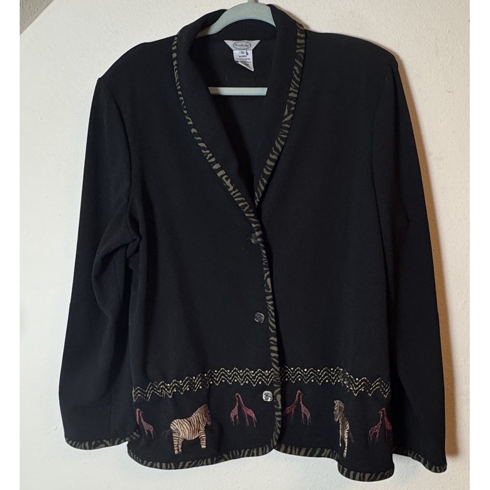 Stonebridge Women's Cardigan 1X Black Safari Animal Embroidered Button Front